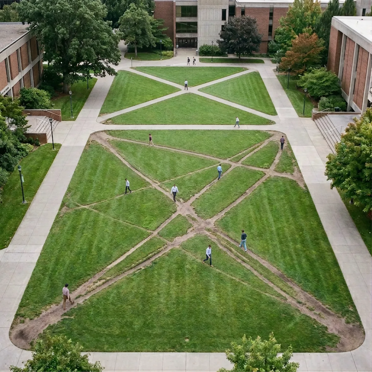 Aerial view of a campus quad where worn desire paths cut diagonally across the manicured lawn, ignoring the paved walkways.