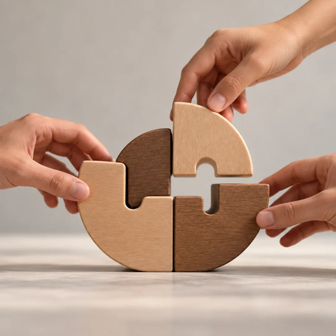 Four hands assembling wooden puzzle pieces into a single circle.
